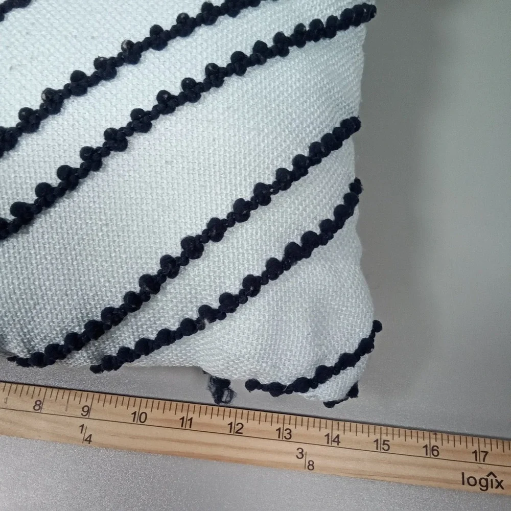 Mainstays Navy Blue White Pom Pom Striped Decorative Throw Pillow 16x12 Boho